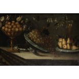 Spanish School, 17th Century Grapes, cherries and other fruit in pewter dishes on a table-top