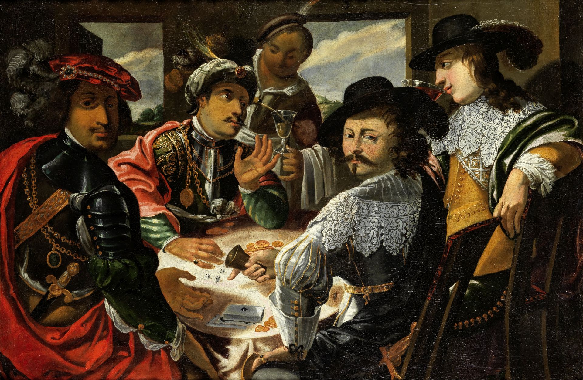 German School, circa 1700 Elegant gentlemen playing cards in a tavern interior