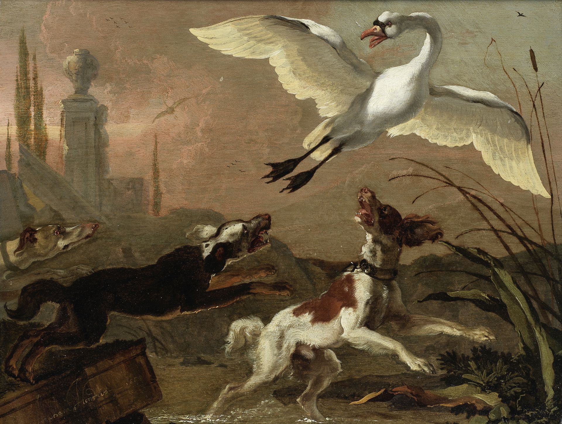 Abraham Danielsz. Hondius (Rotterdam circa 1631-1691 London) A swan chased by three dogs