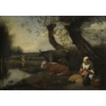 After Jan Siberechts, 18th Century Cattle in a watermeadow with a woman and child seated on a bank