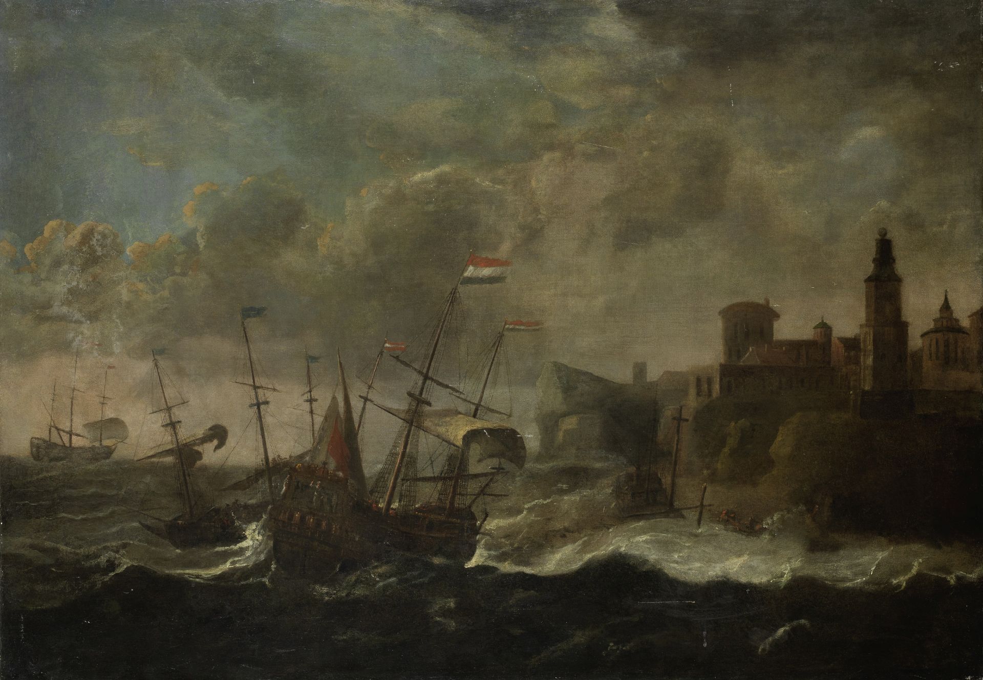 Circle of Jan Peeters (Antwerp 1624-1677) Shipping in stormy waters before a harbour unframed