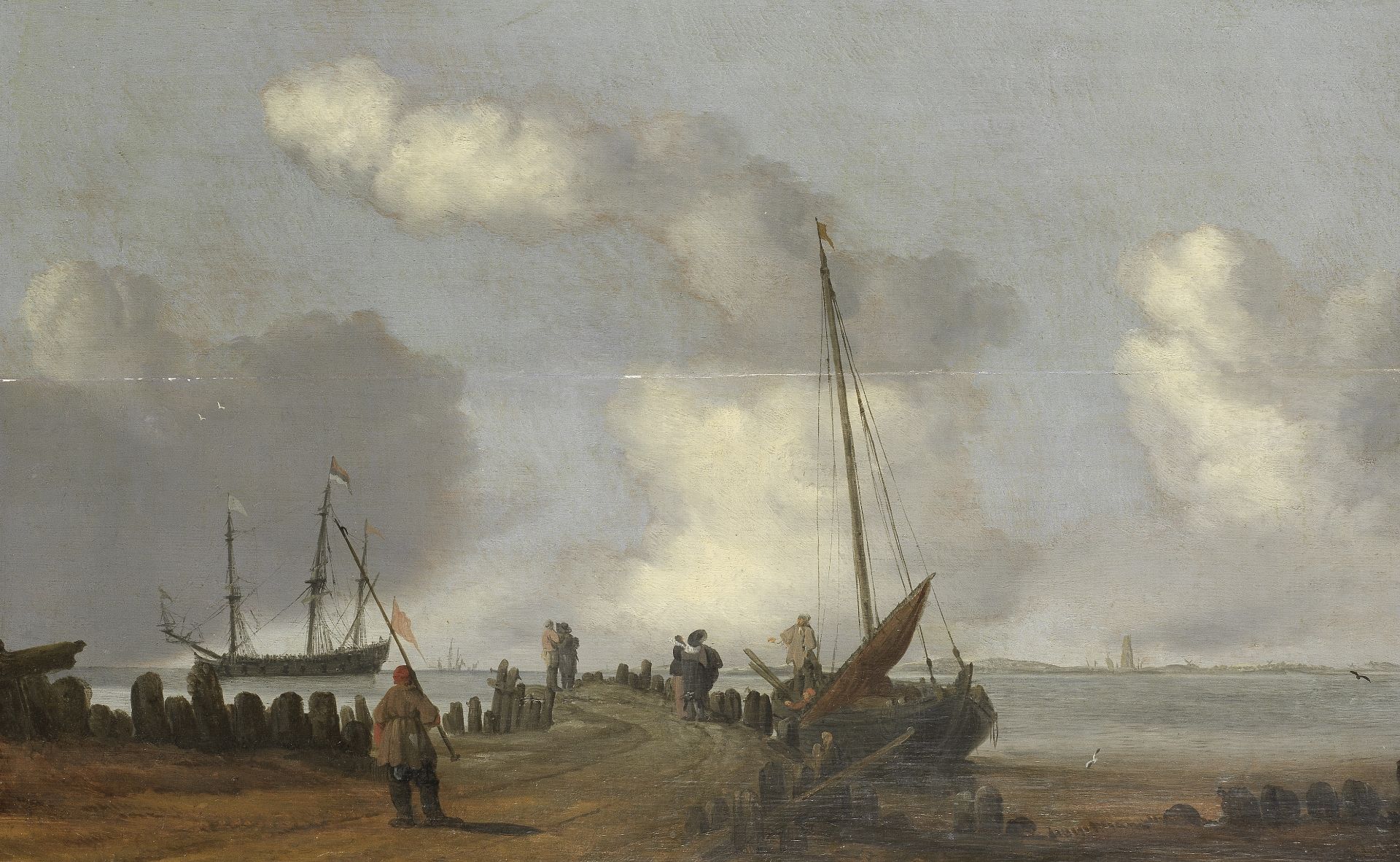 Dutch School, 17th Century A harbour scene with two elegant figures