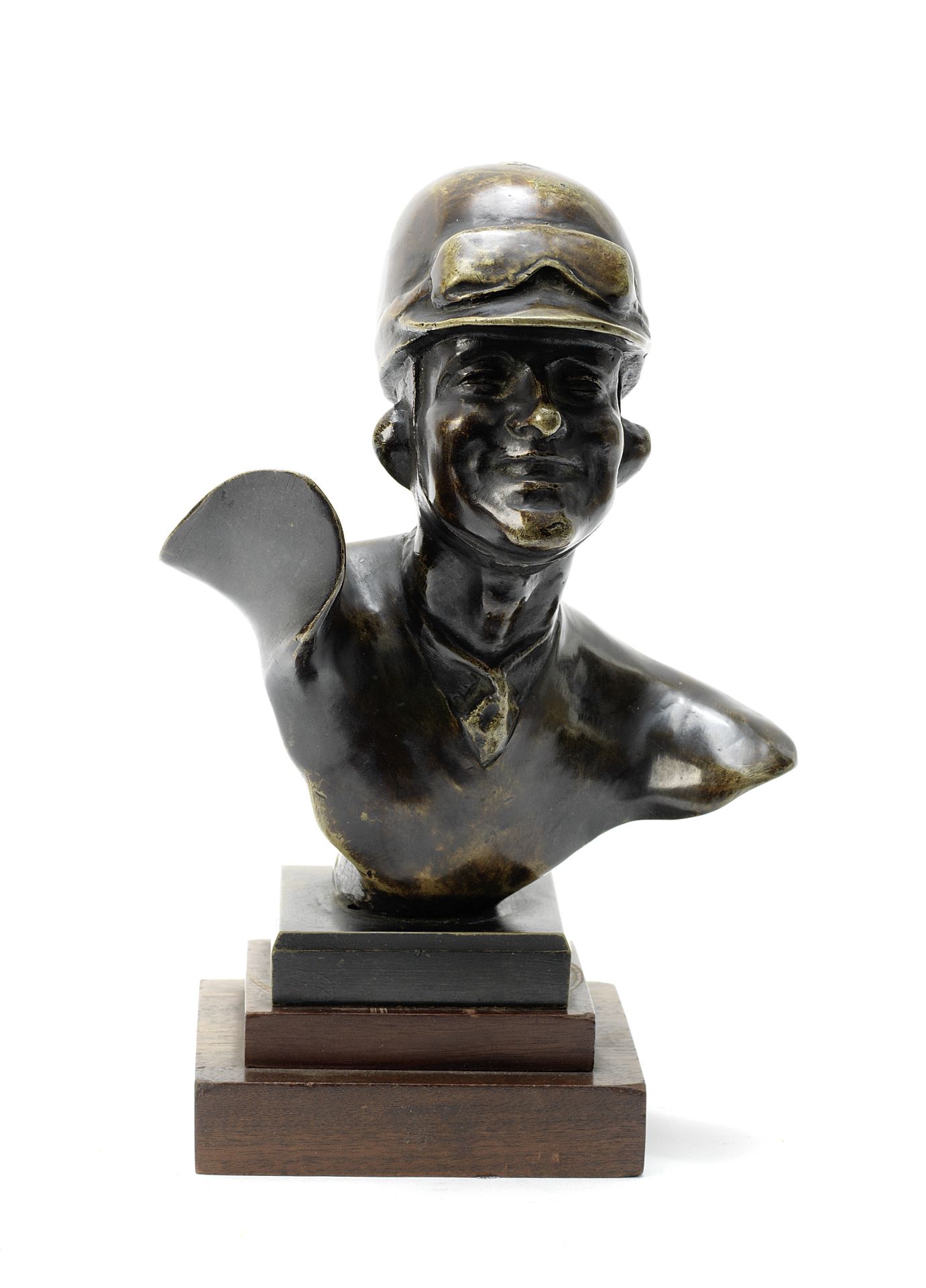 Robert Mermet (French 1896-1988), a bronze bust of a racing driver, mid 20th Century,