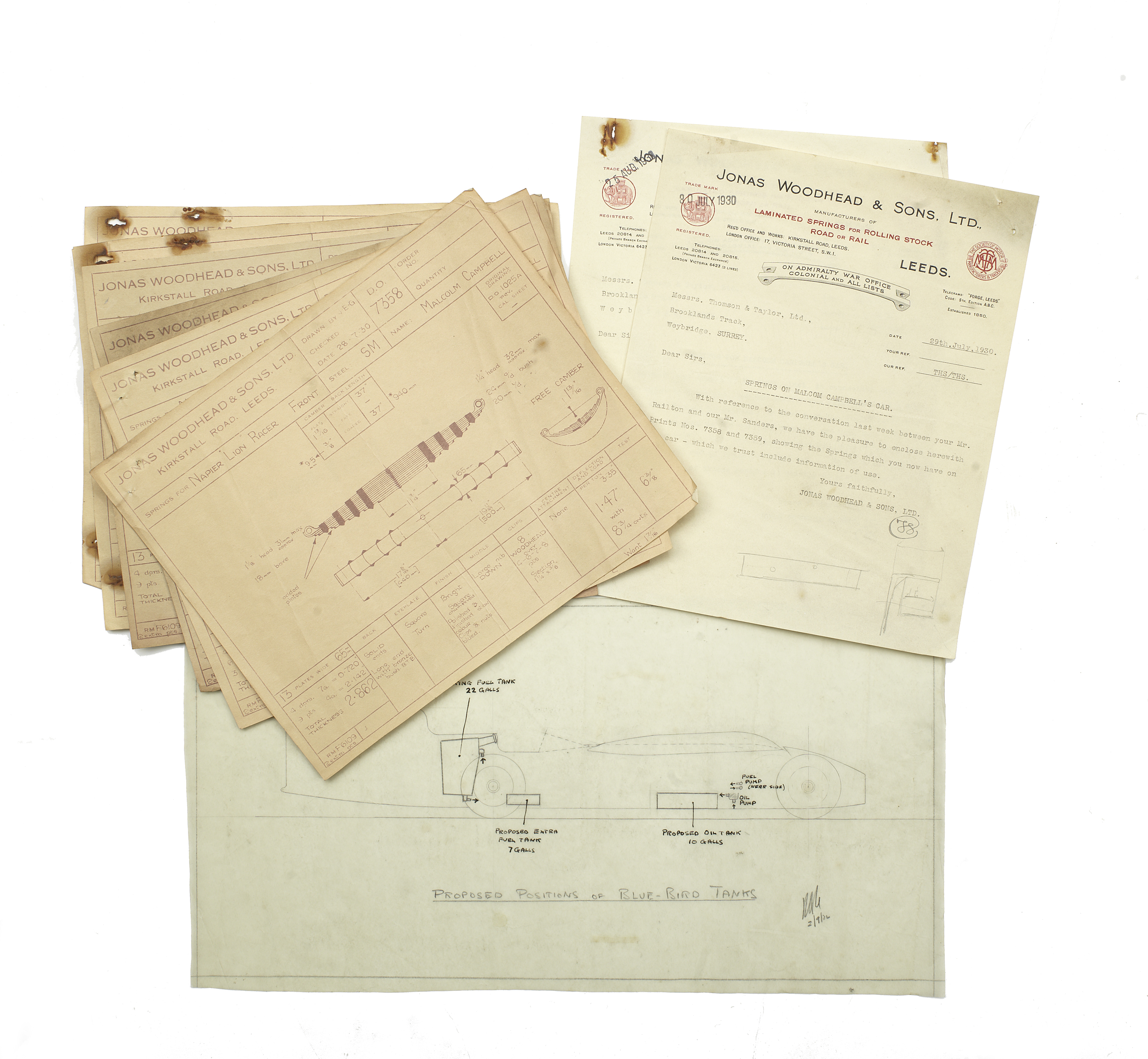 Assorted technical illustrations and blueprints relating to Sir Malcolm Campbell's World Speed Re...