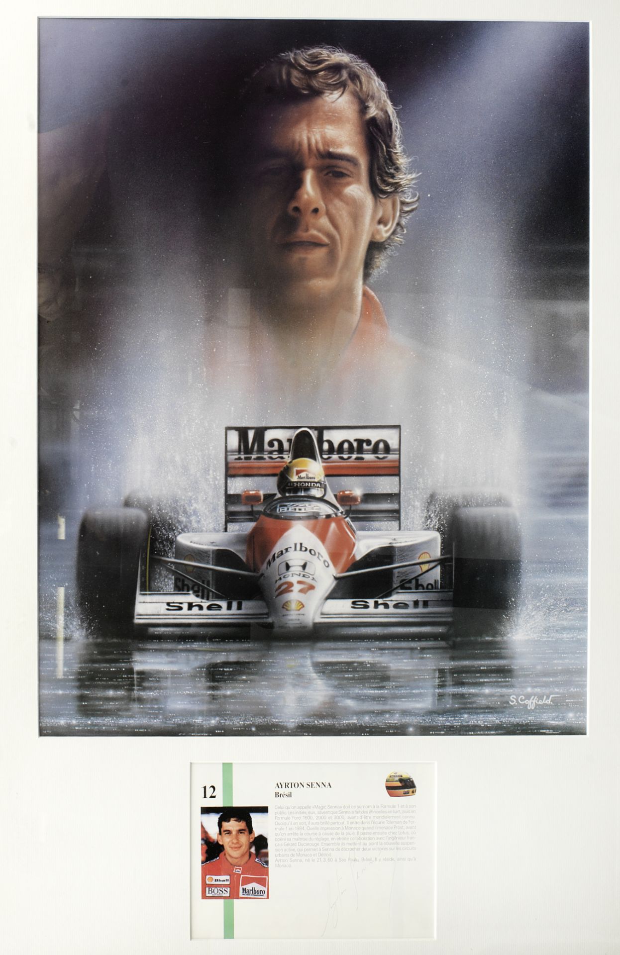 A framed Ayrton Senna print with signature,