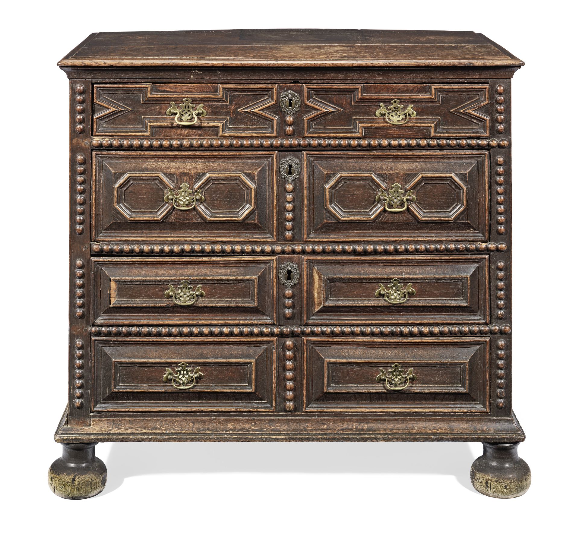 A Charles II joined oak chest of drawers, circa 1680