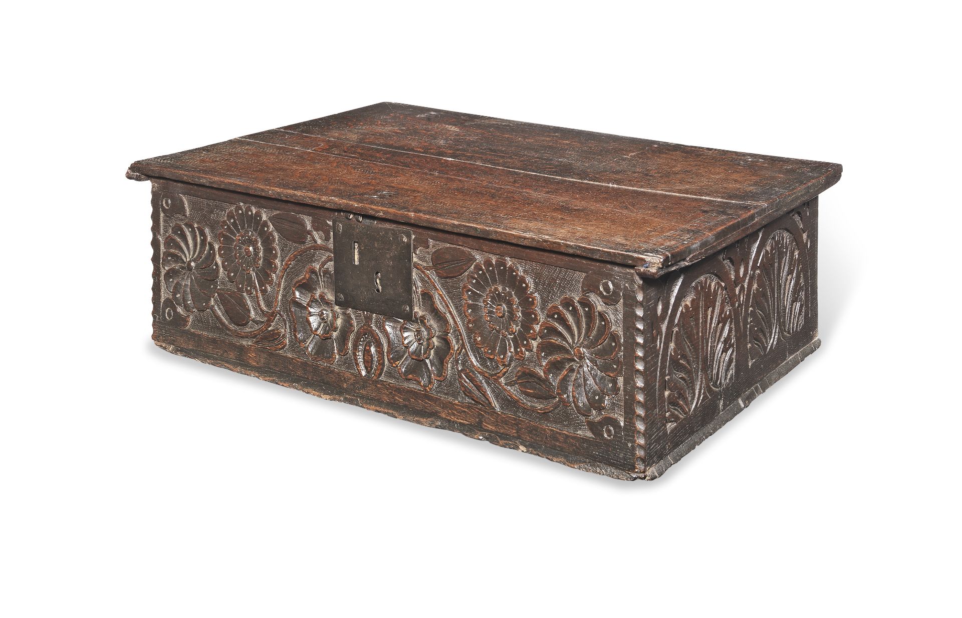 A Charles II boarded oak box, North Country, circa 1660