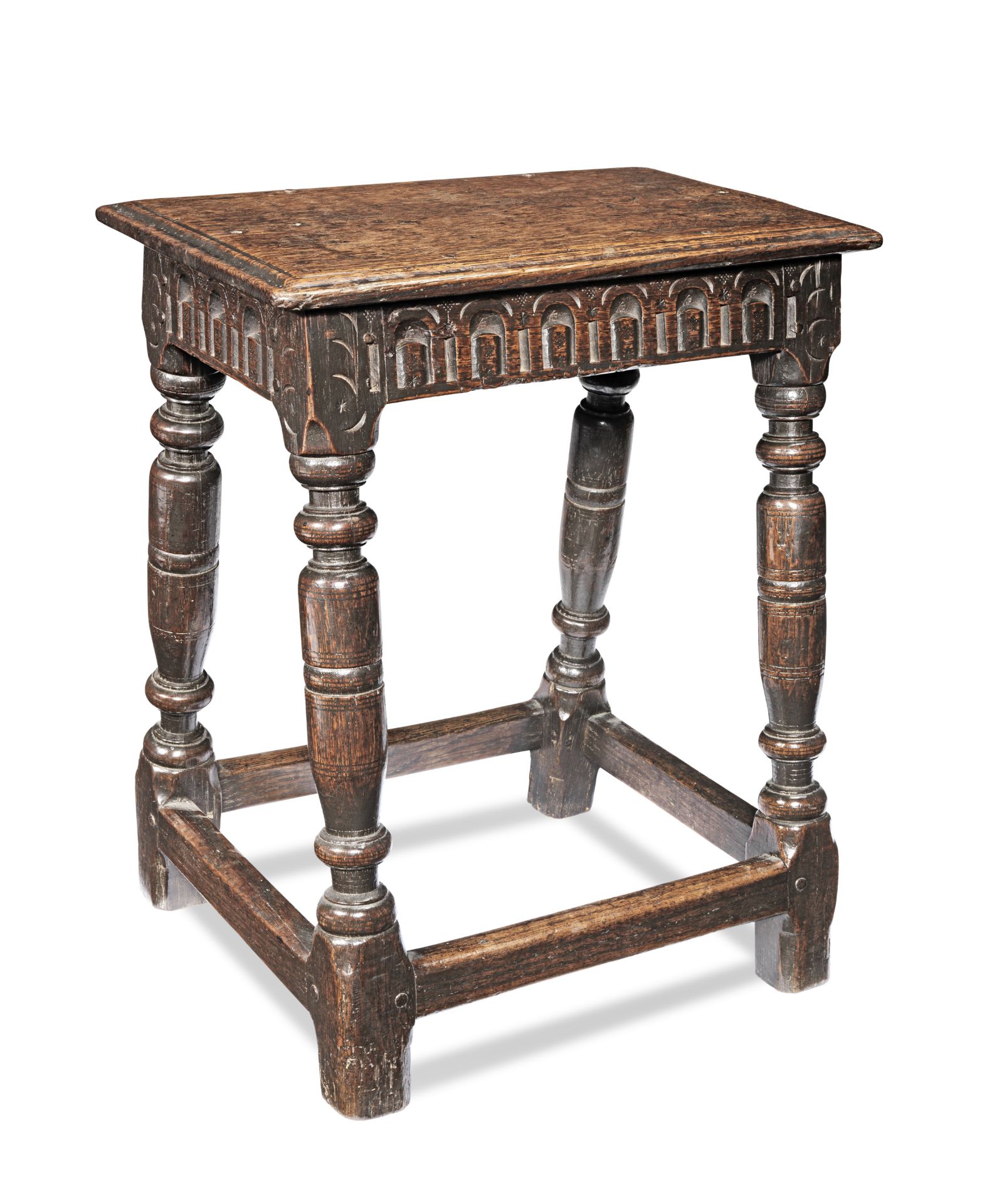 A rare and documented James I/Charles I oak joint stool, circa 1620-30