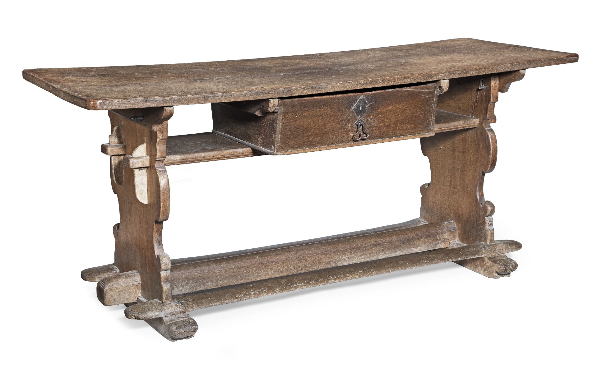 An interesting 17th century oak trestle-end table, German