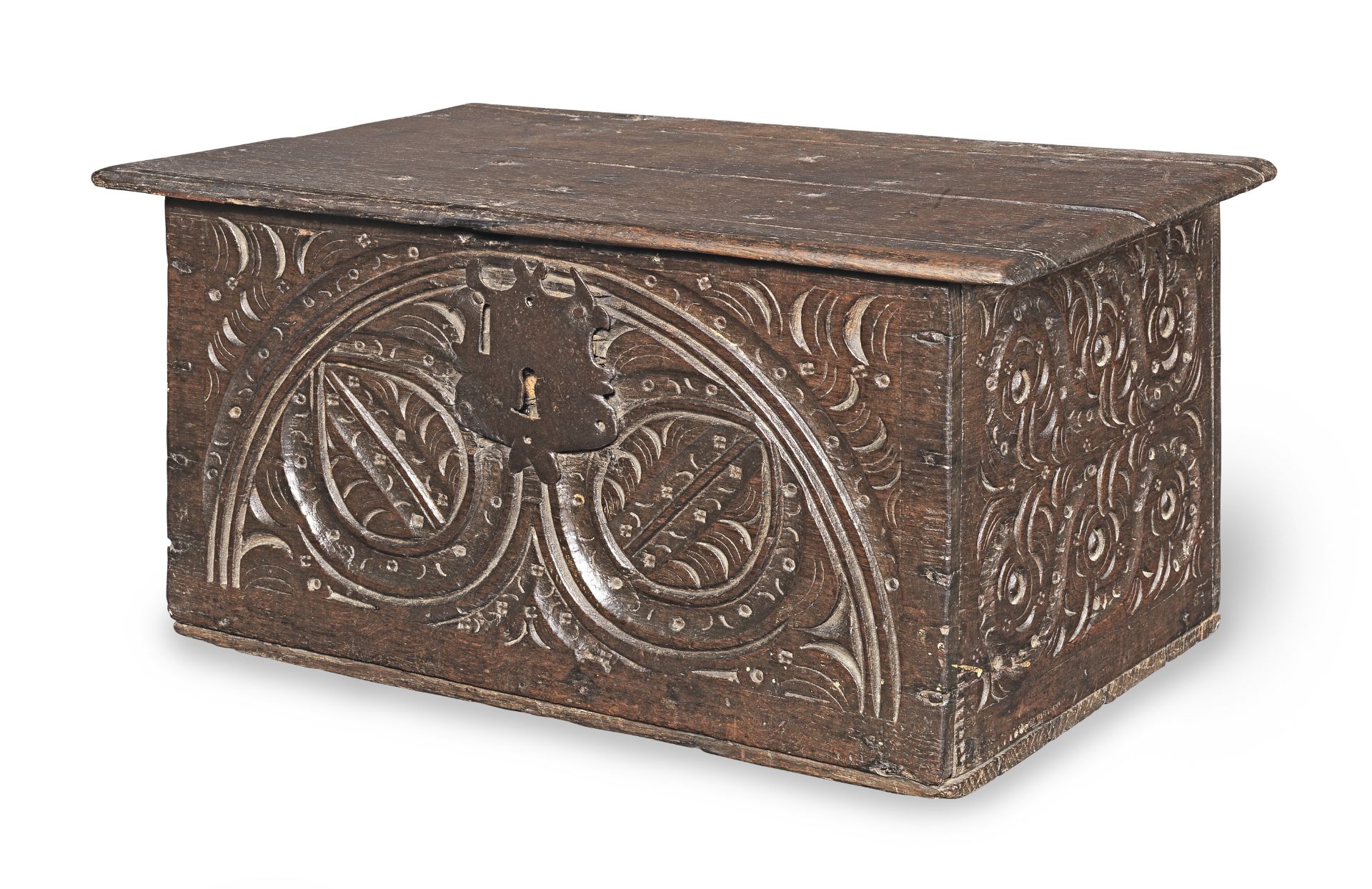 A small Charles II boarded oak box, circa 1660