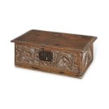 A small Charles I boarded oak box, circa 1640