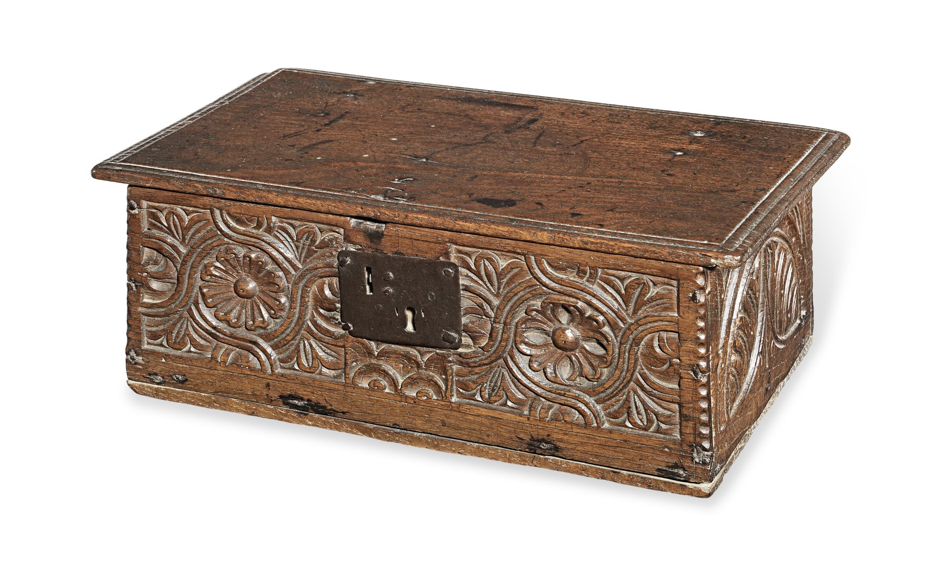A small Charles I boarded oak box, circa 1640