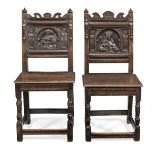 An unusual pair of Charles II joined oak figural-carved backstools, Cheshire/Lancashire, circa 16...