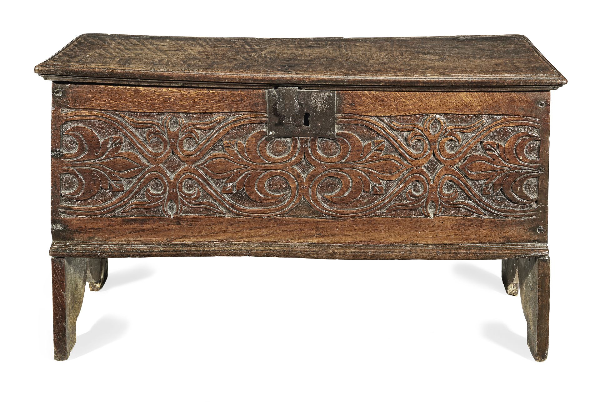 A small Charles I boarded oak chest, West Country, circa 1630