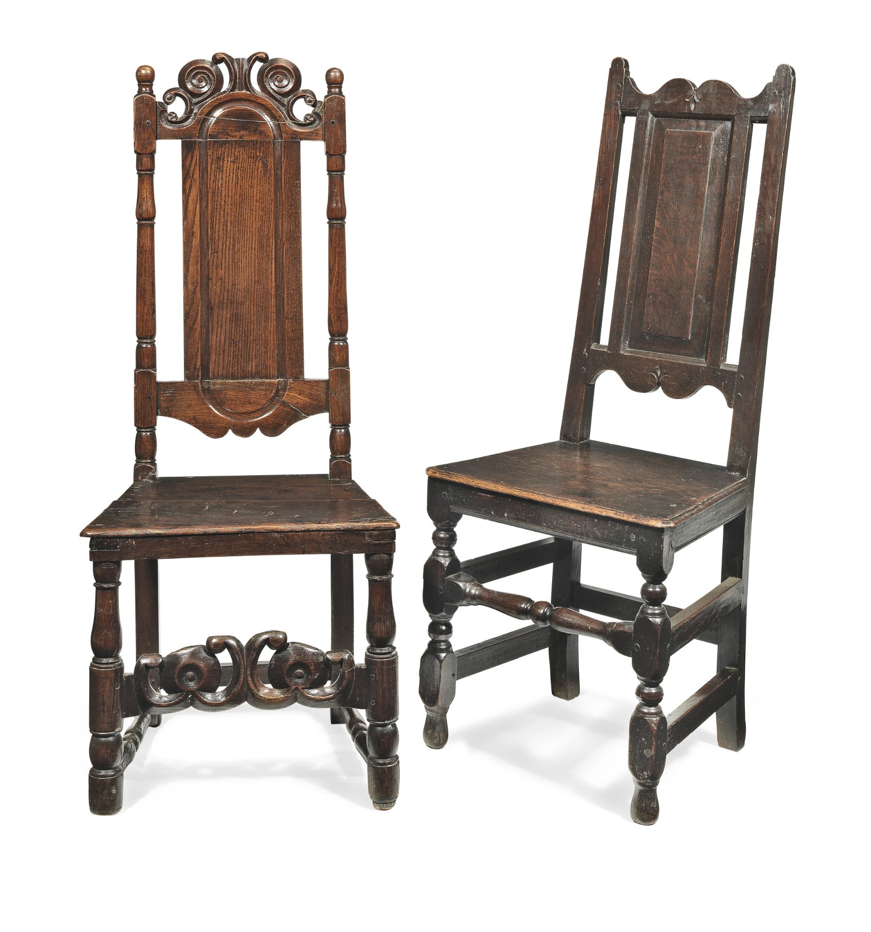 Two joined oak high-back side chairs, English, circa 1700-20 (2)