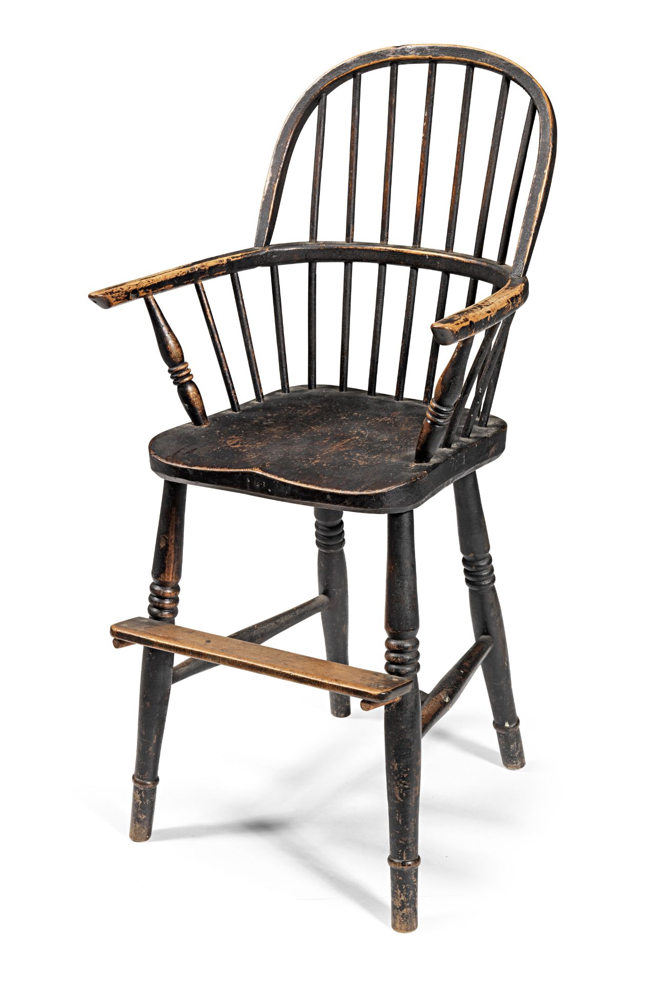 A Victorian black-painted ash, elm, beech and alder child's Windsor high-chair, West country, cir...