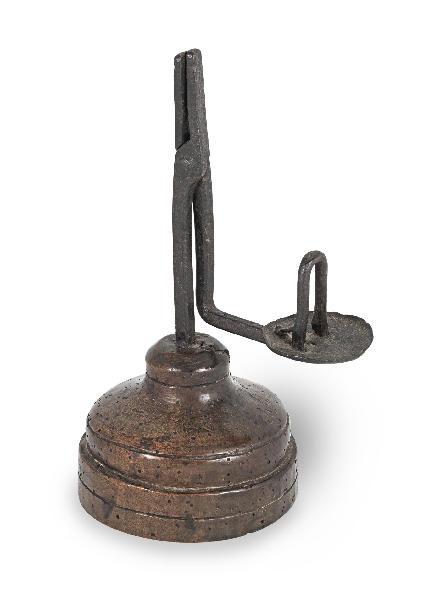 An unusual early to mid-19th century wrought iron and beech rushlight holder, English/Welsh