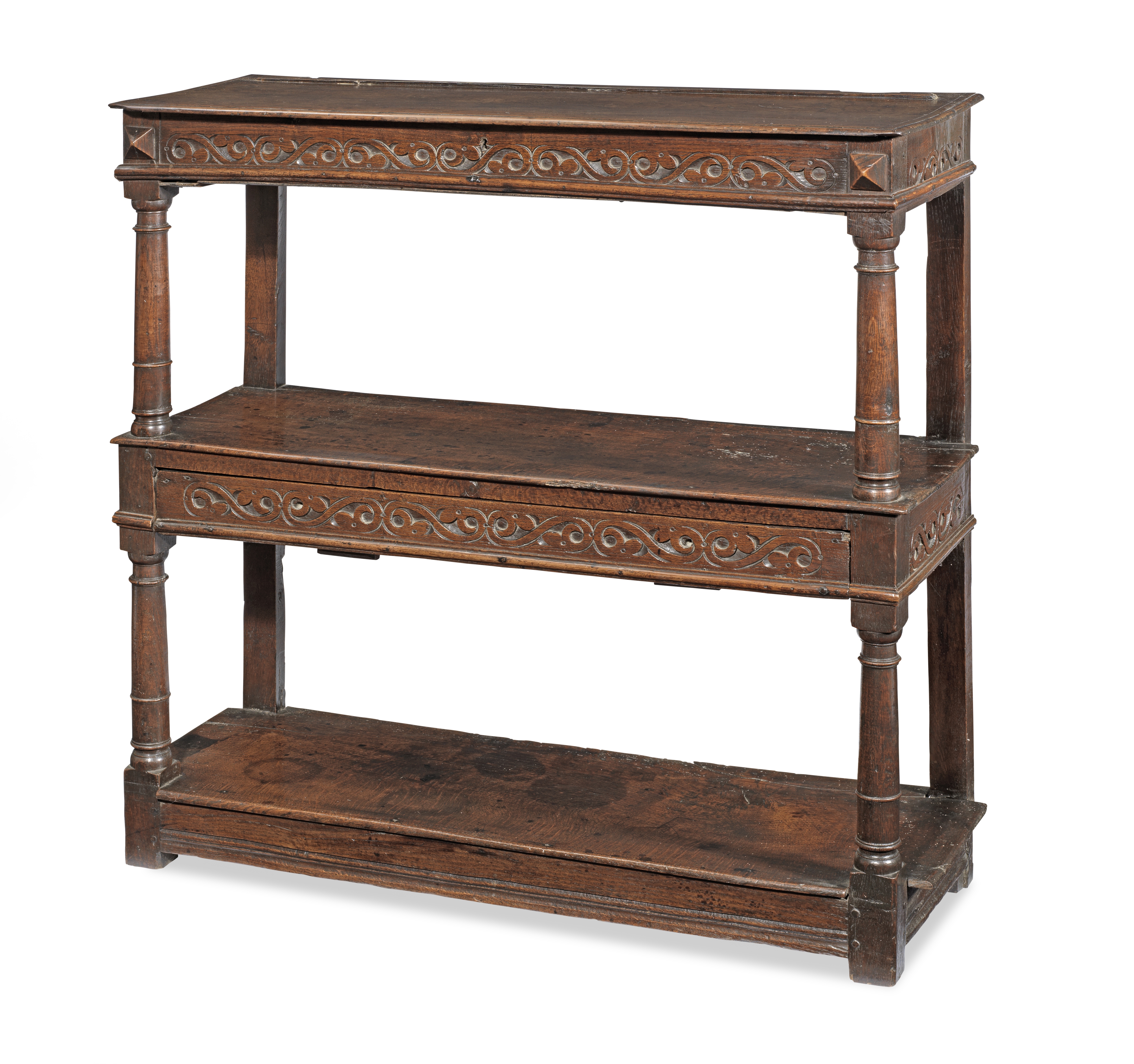 A Charles I joined oak three-tier buffet, with box-top, circa 1640