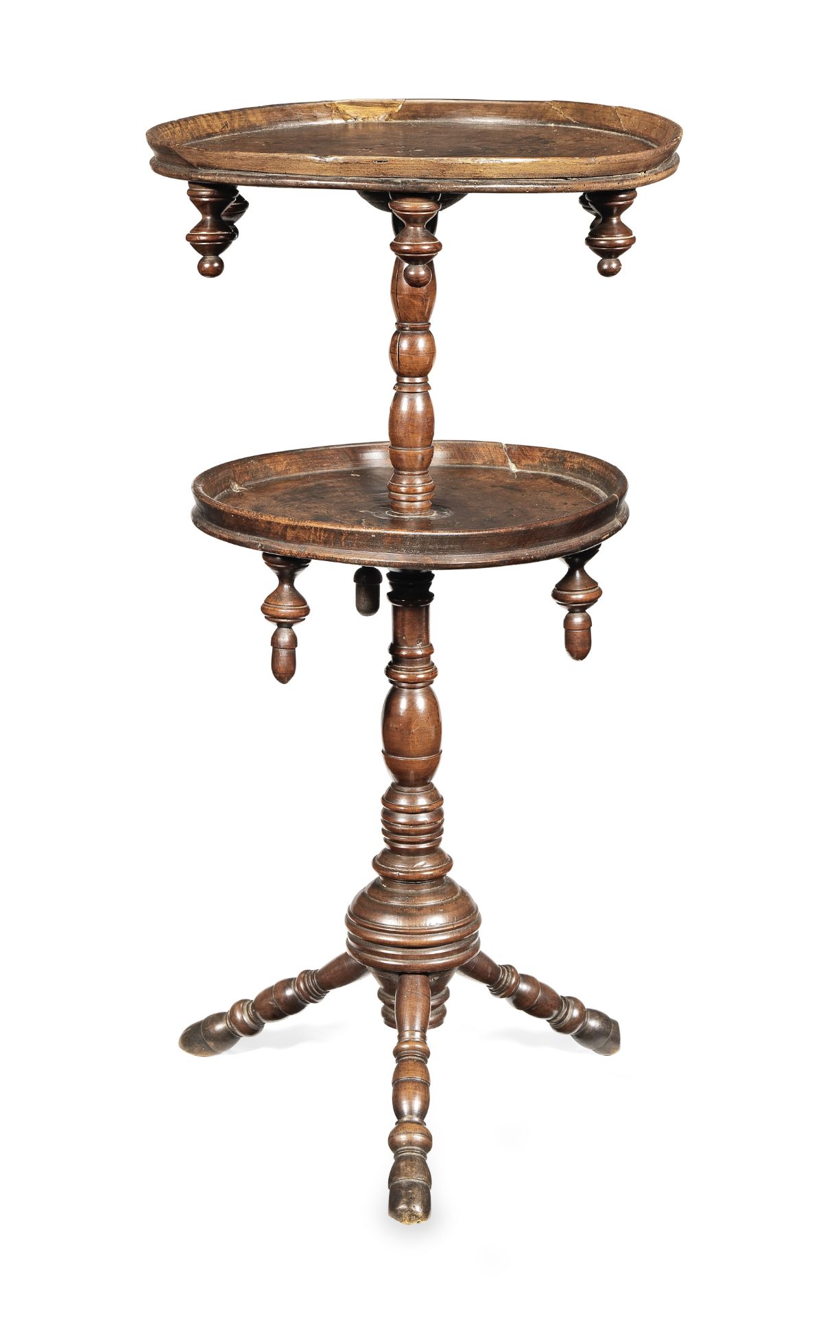 A George III fruitwood turner's two-tier tripod table, circa 1800