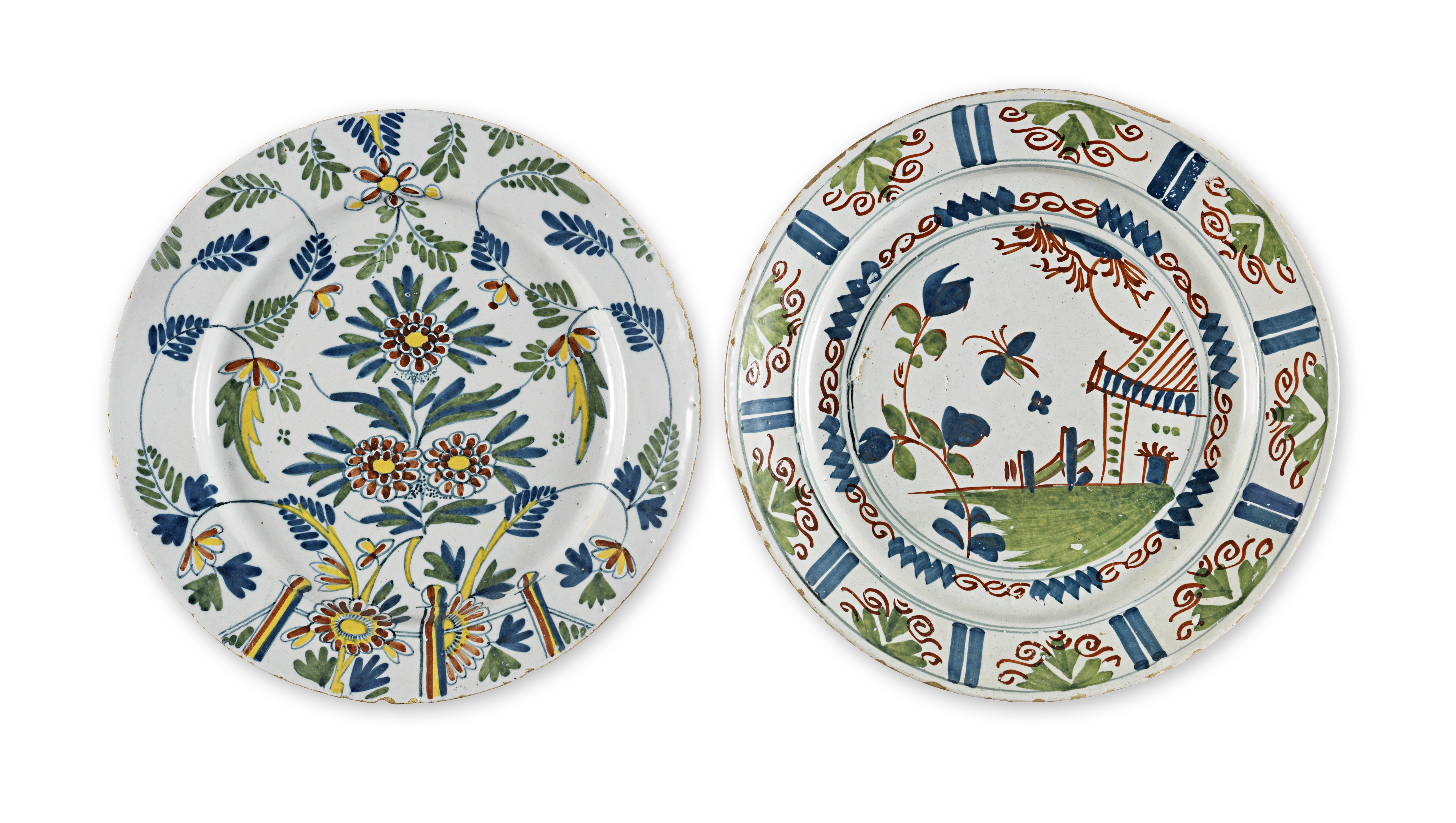 Two 18th century polychrome-decorated delft chargers (2)