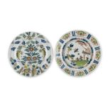 Two 18th century polychrome-decorated delft chargers (2)