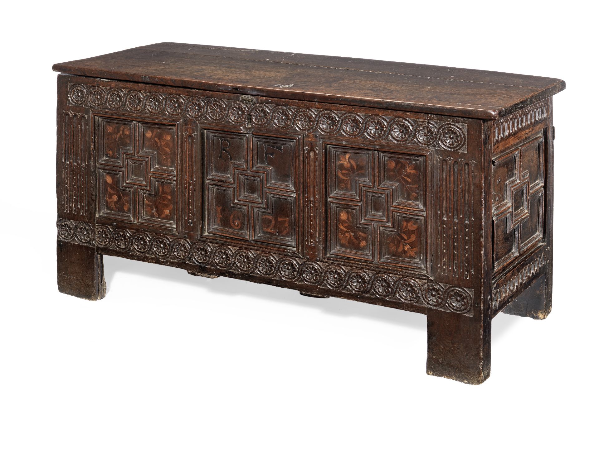 A fine James I joined oak and inlaid coffer, dated 1623