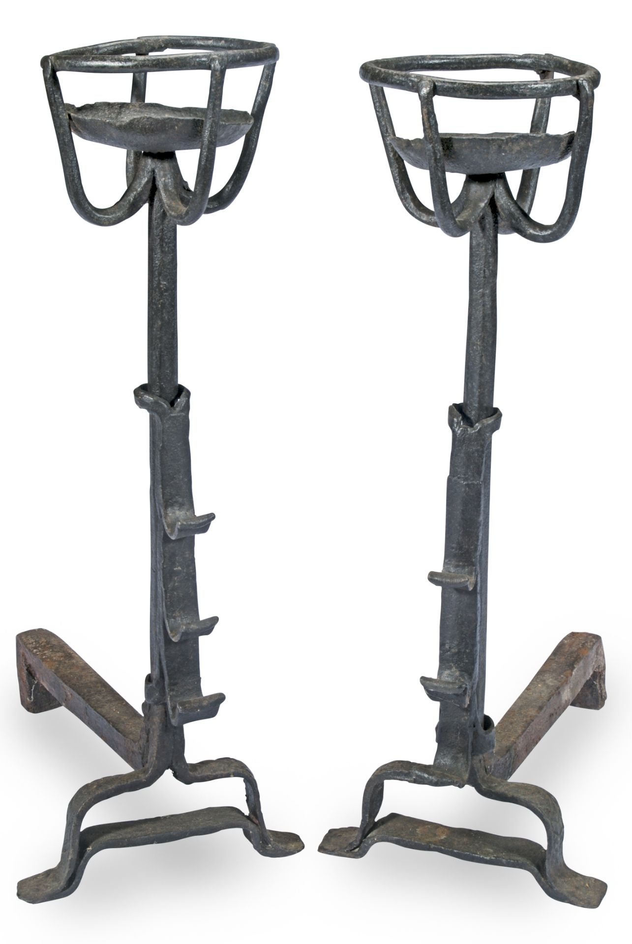 A pair of wrought iron cresset spit-dogs (2)