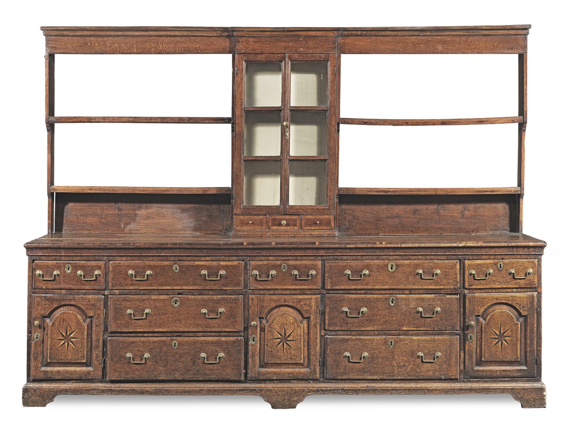 An extremely large and impressive George III joined oak and inlaid dresser, Midlands, circa 1790
