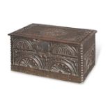 An unusual Charles II boarded oak box, circa 1660