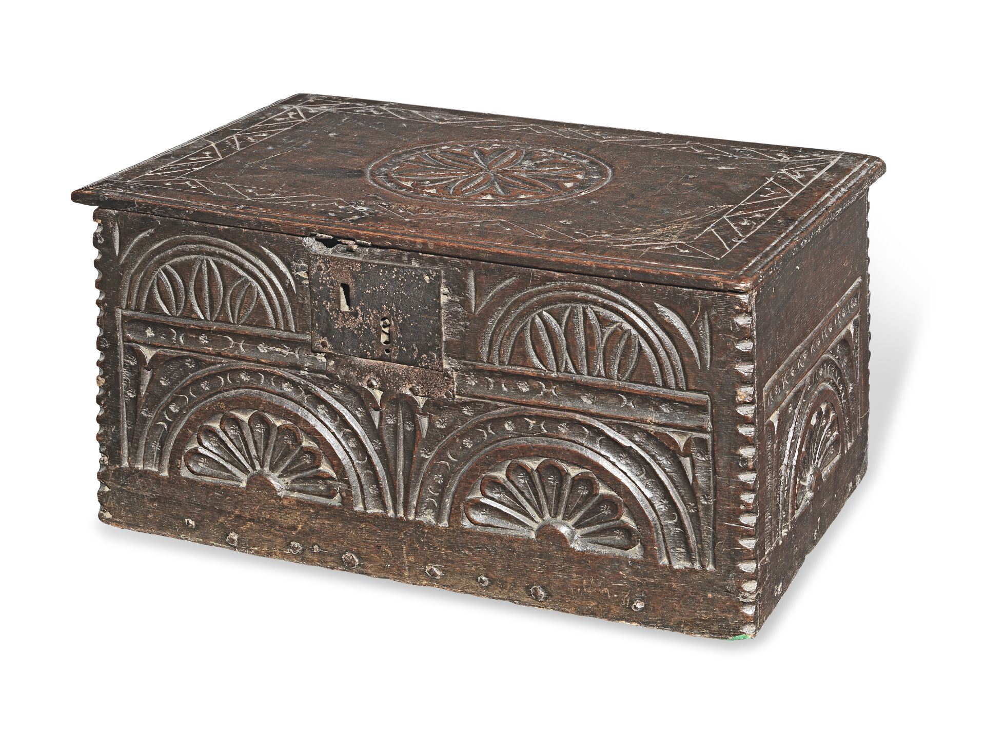 An unusual Charles II boarded oak box, circa 1660