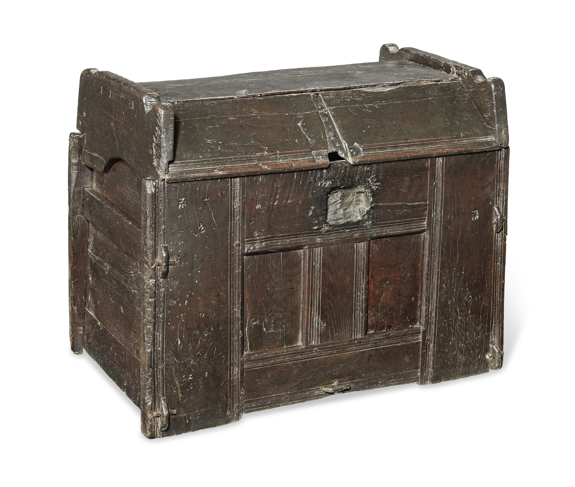 A Good Elizabeth I joined and boarded oak ark or meal chest, circa 1570