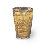 A George III white metal-mounted engraved horn beaker, circa 1800