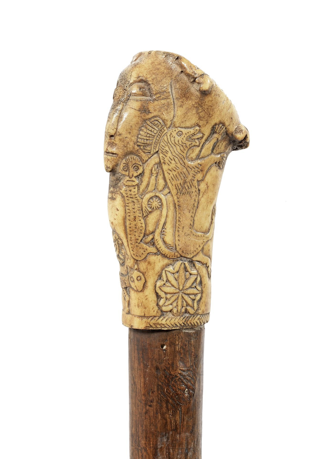 A possibly 17th/18th century beech and carved antler coronet walking or fighting stick