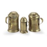 Three 18th century brass muffineers, or casters, English (3)