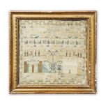 A George III needlework sampler, framed, dated 1764