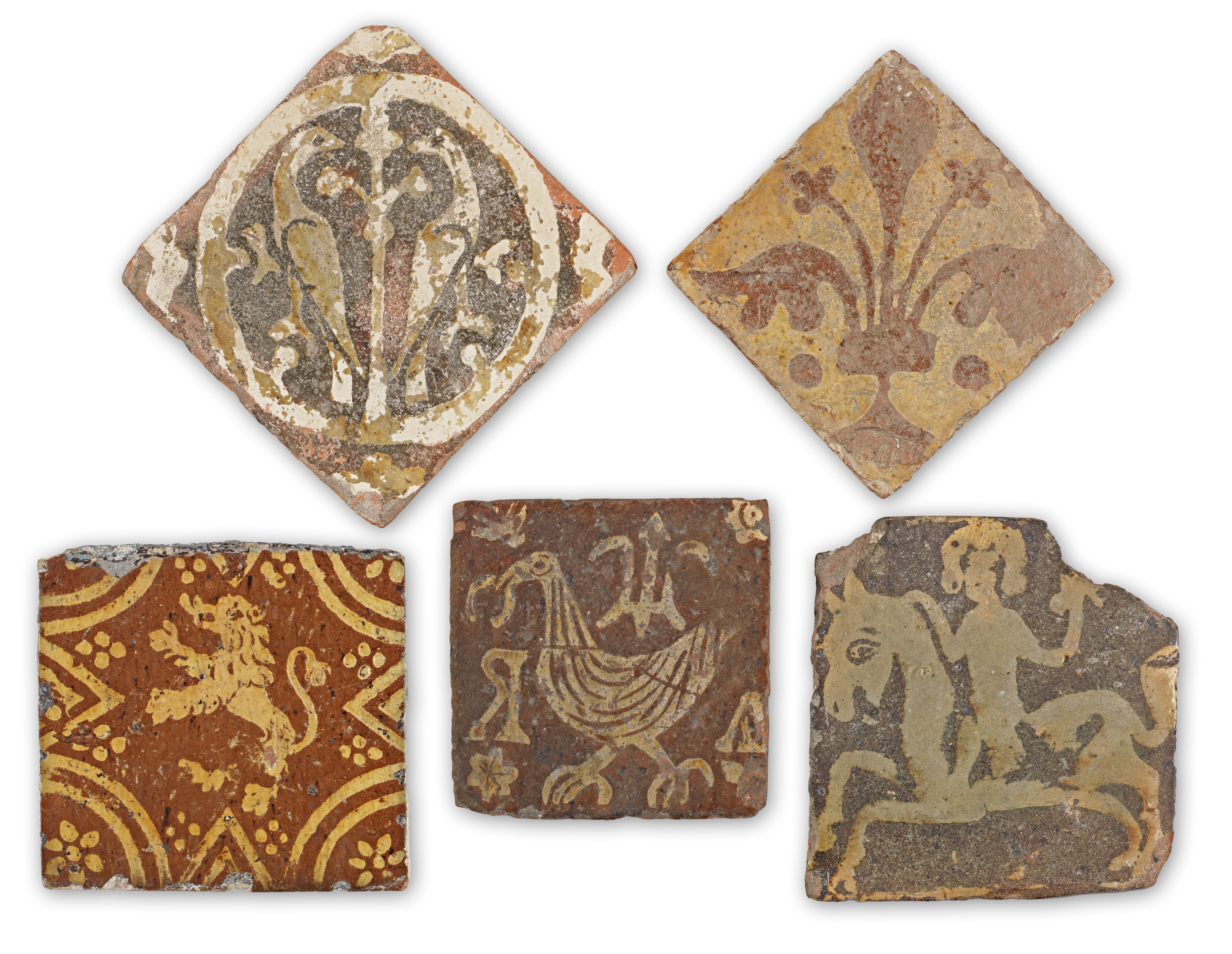 Five Medieval encaustic floor tiles, 14th and 15th century (5)