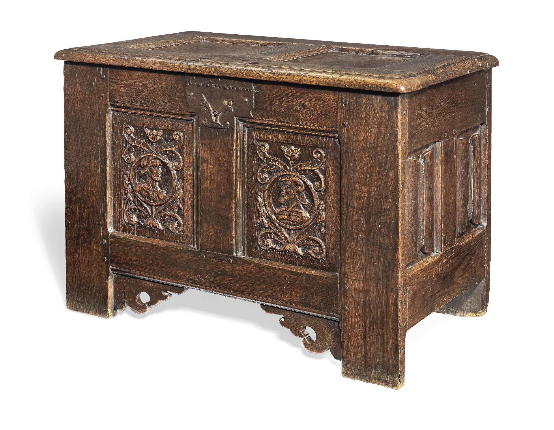 A small early 16th century joined oak coffer, French, circa 1530