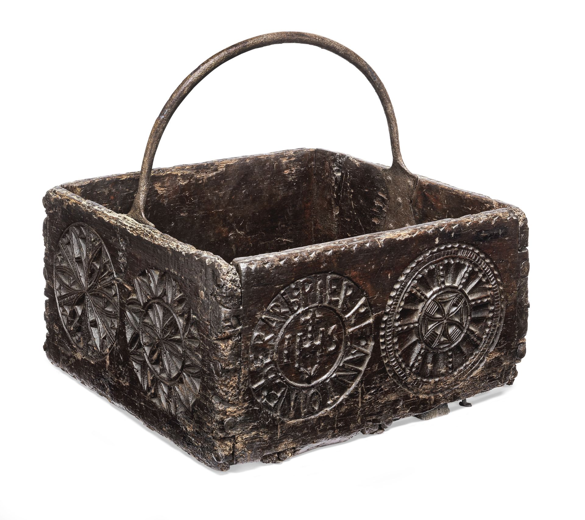 A chip-carved open box, made from 17th century boards, Swiss/French, iron carry handle