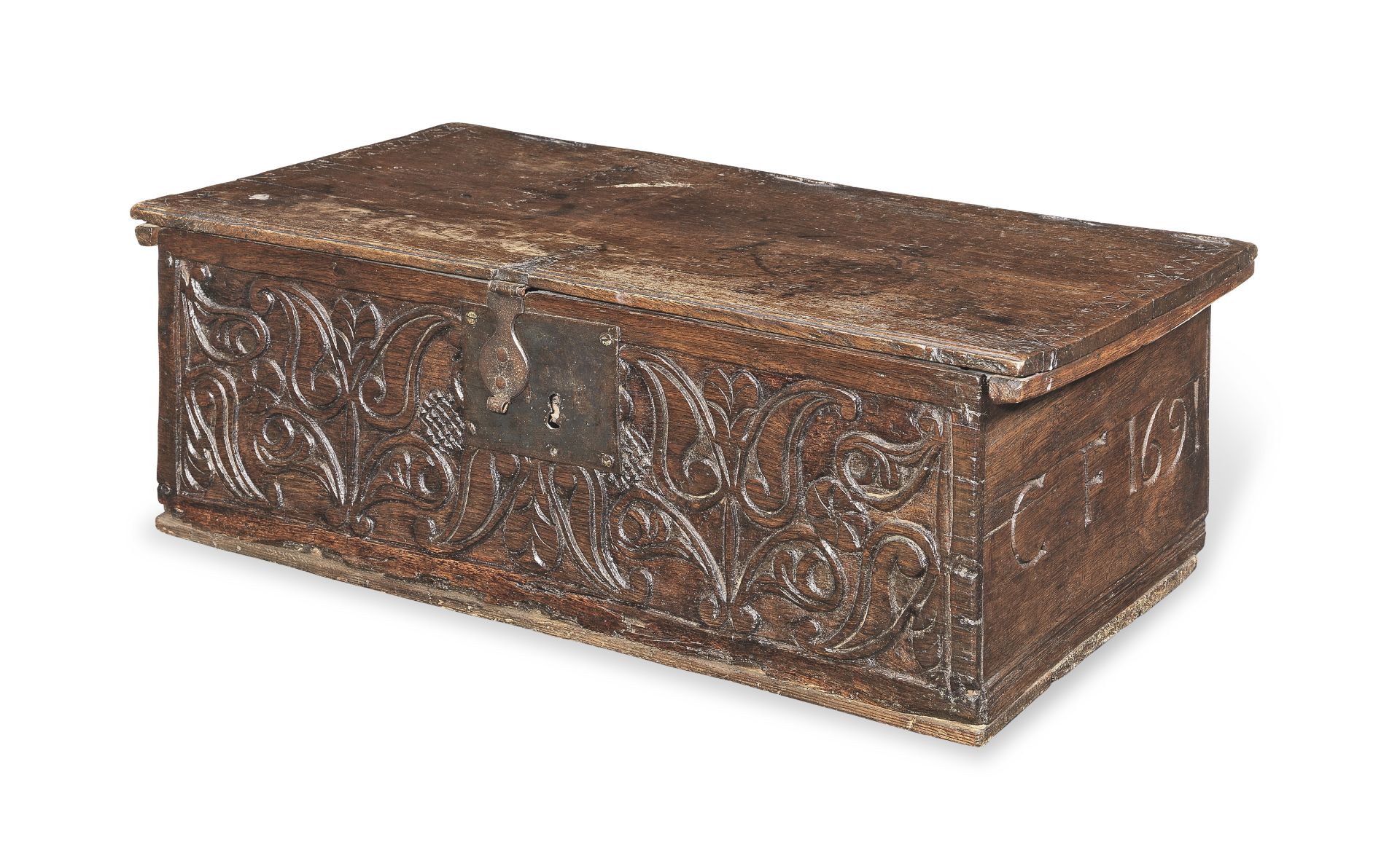 A William & Mary boarded oak box, North Country, dated 1691