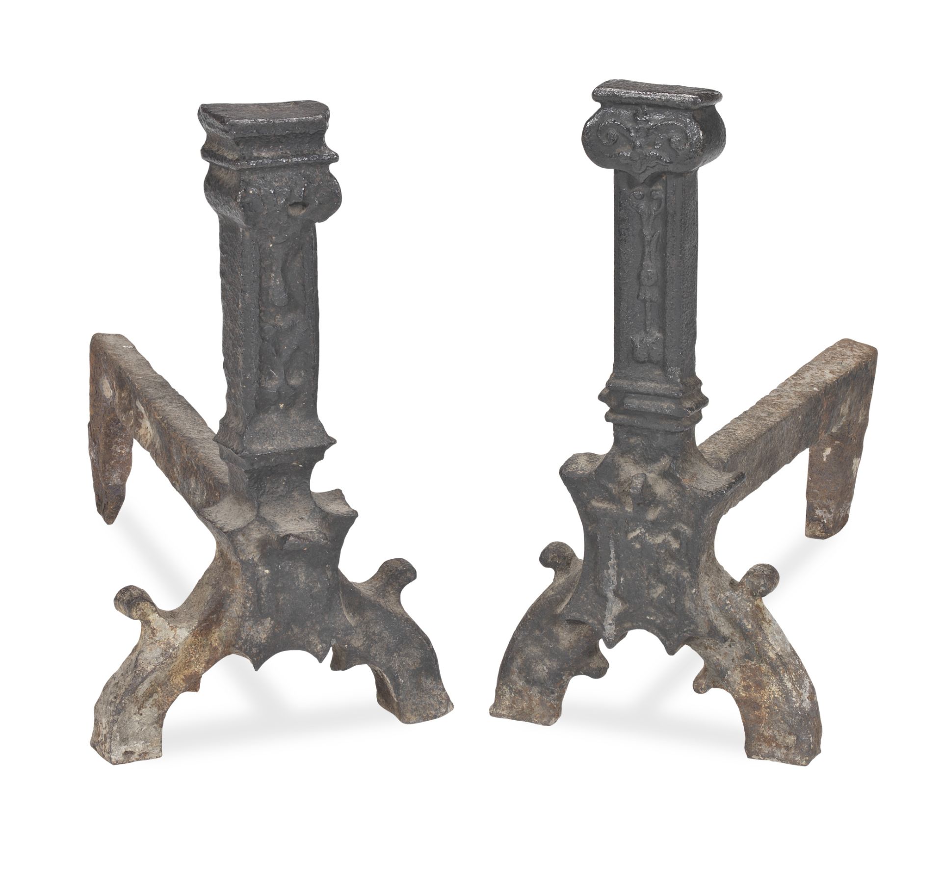 Two similar iron firedogs, in the 16th century French manner (2)