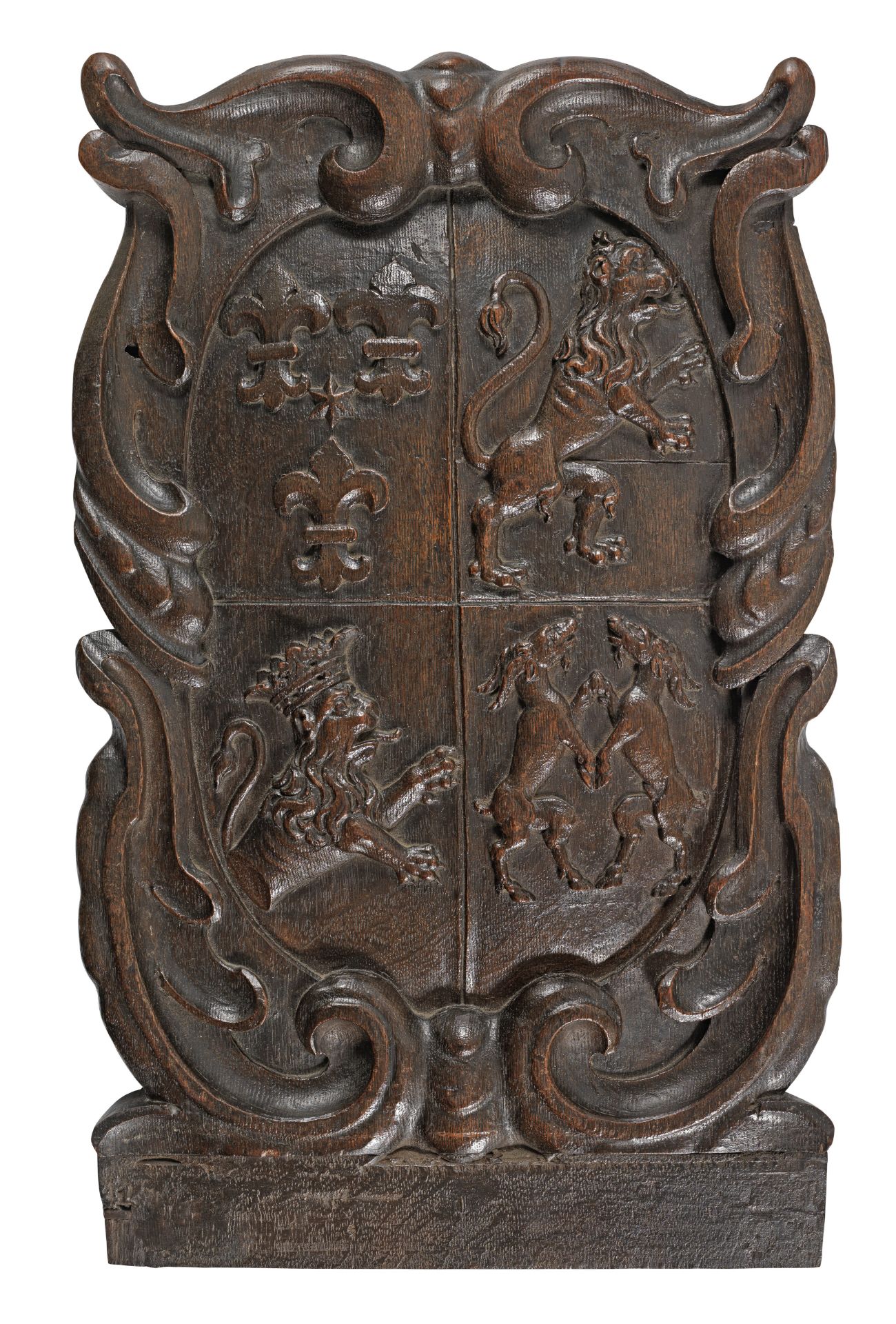 A mid-17th carved oak armorial panel, probably Netherlandish, circa 1660