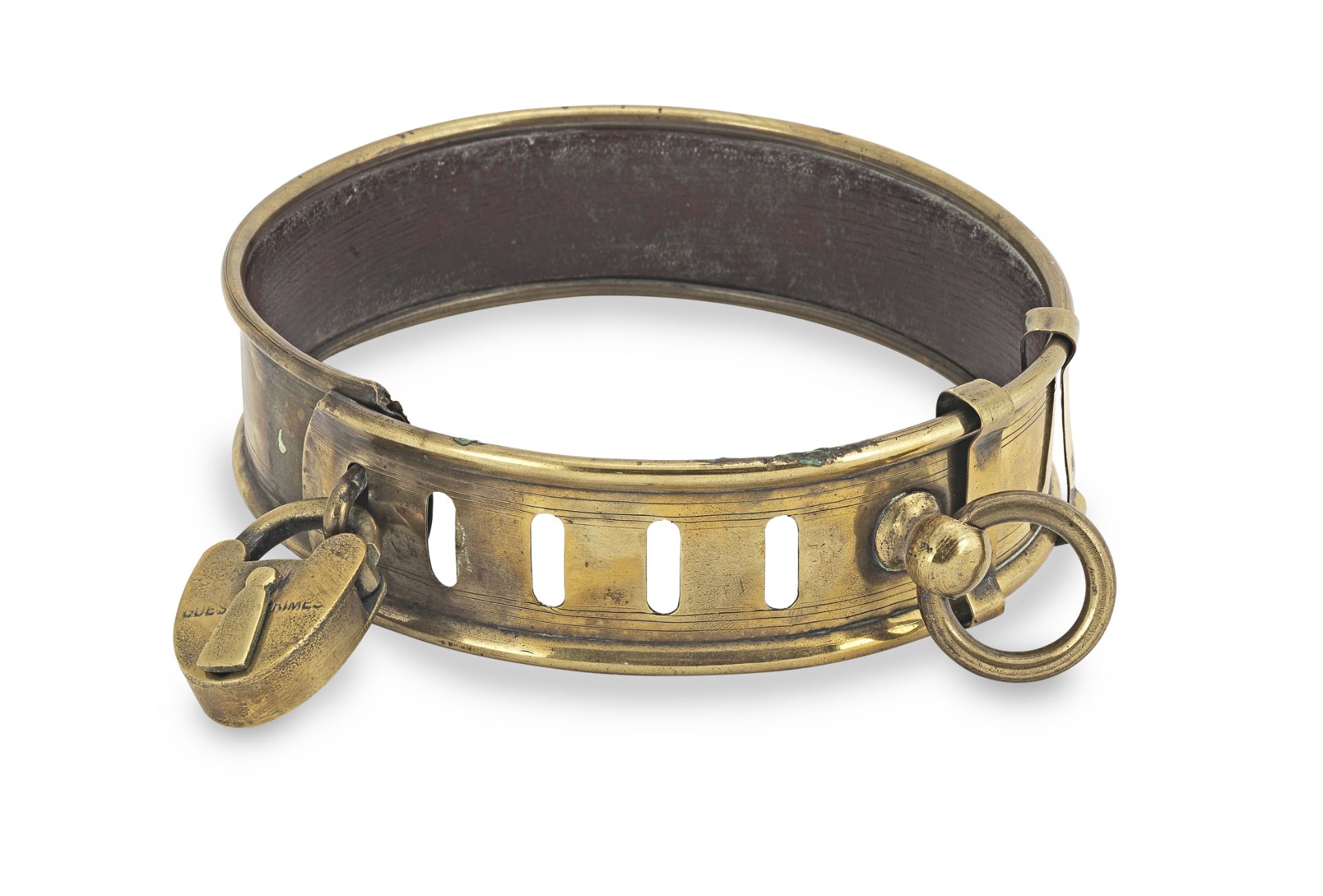 A George III brass and leather dog collar, circa 1800