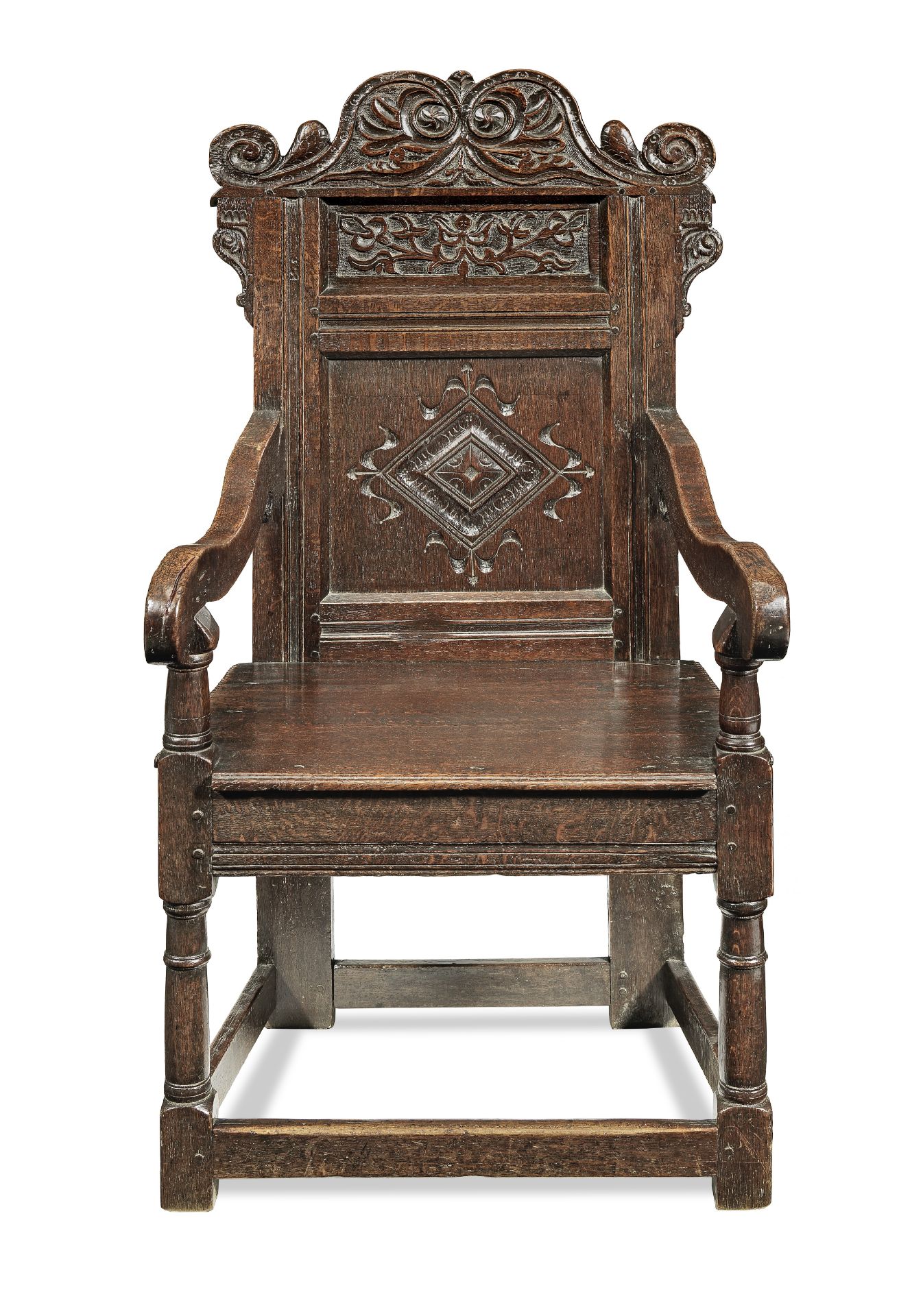A good Charles II joined oak panel-back open armchair, Yorkshire, Leeds area, circa 1670