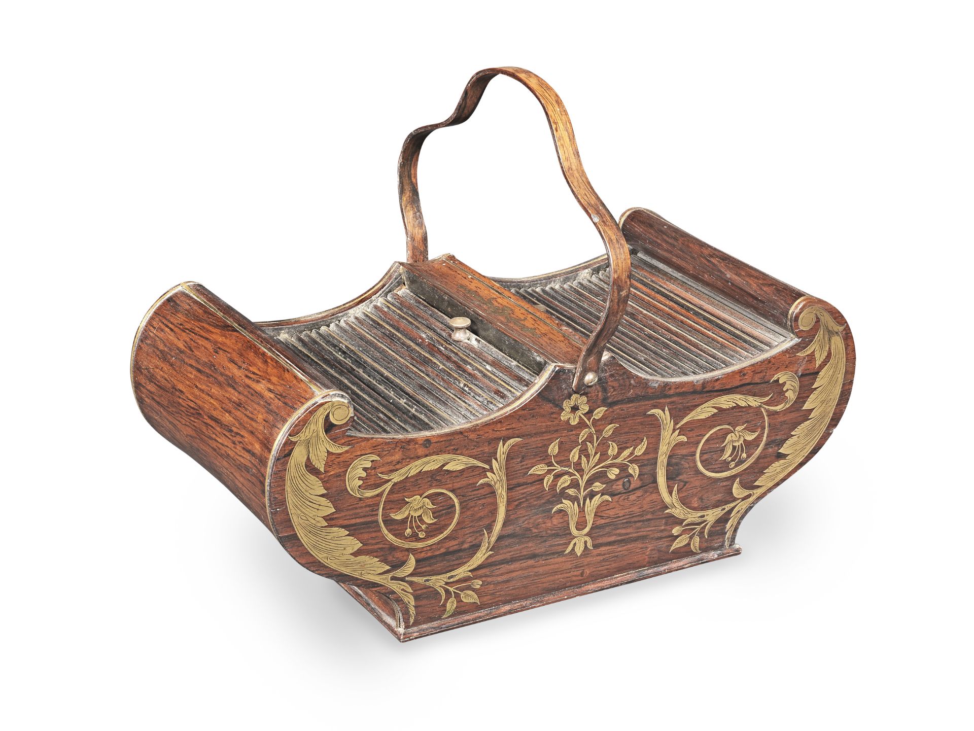 A Regency rosewood and brass-inlaid work box, or 'basket', circa 1815