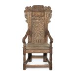 A joined oak and inlaid panel-back open armchair, South West Yorkshire In the circa 1670 manner, ...