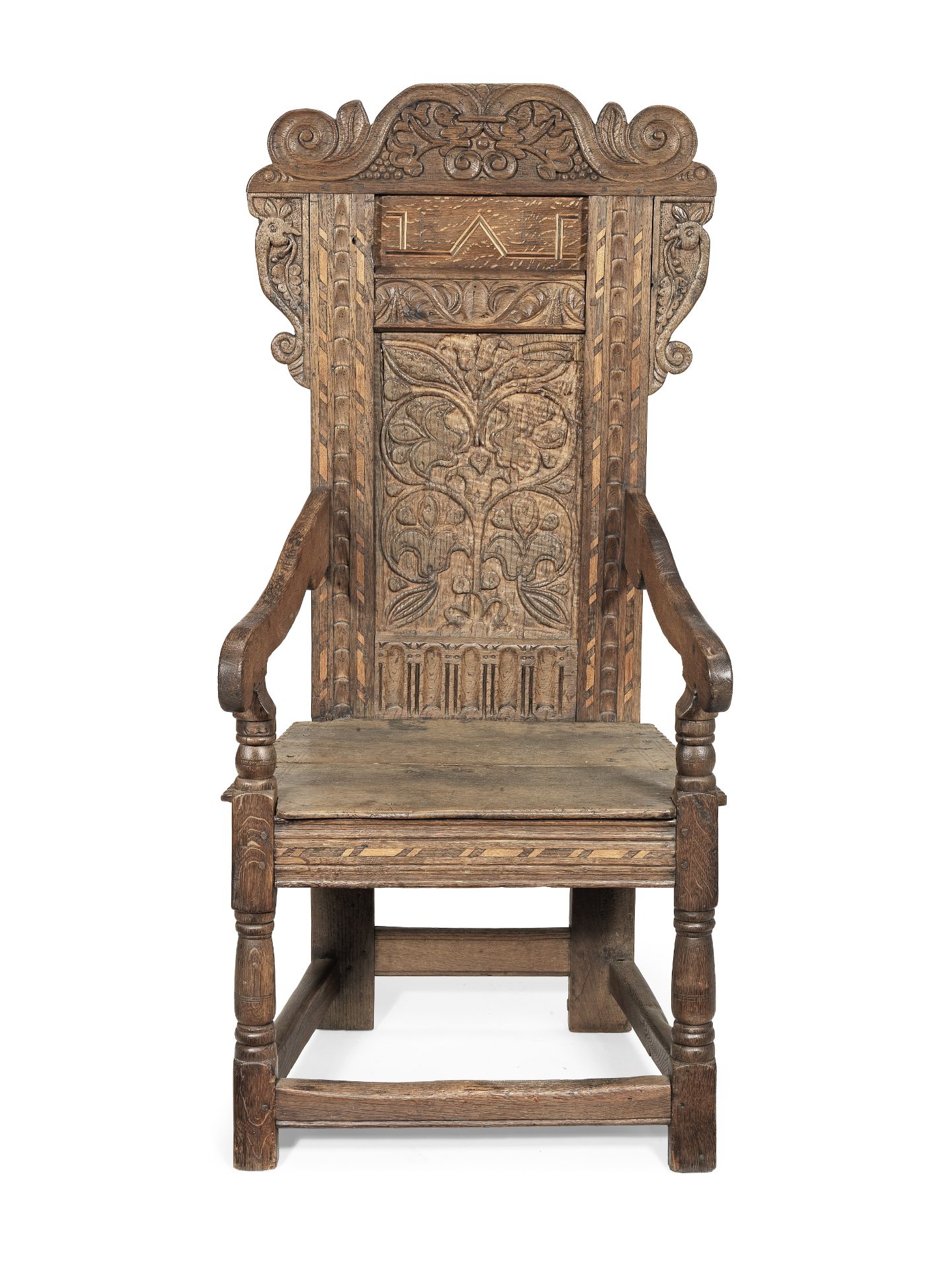 A joined oak and inlaid panel-back open armchair, South West Yorkshire In the circa 1670 manner, ...