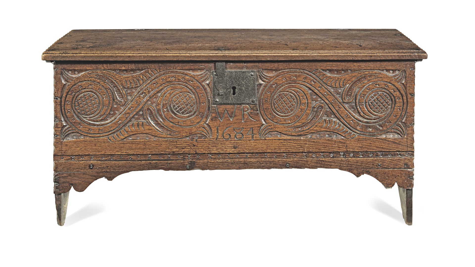 A Charles II oak boarded chest, dated 1684