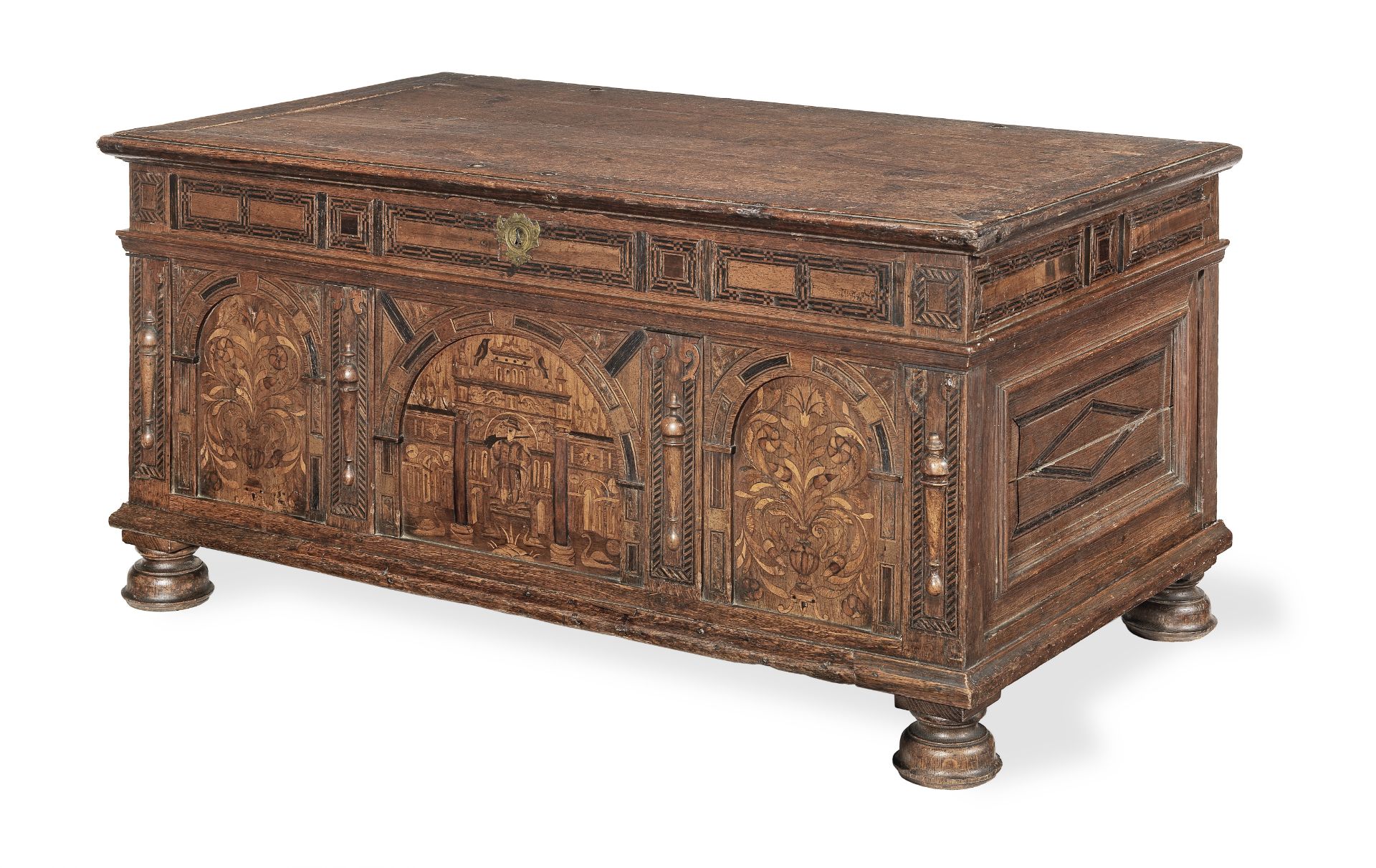 An impressive Elizabeth I joined and boarded oak and marquetry-inlaid cabinet superstructure, Sou...
