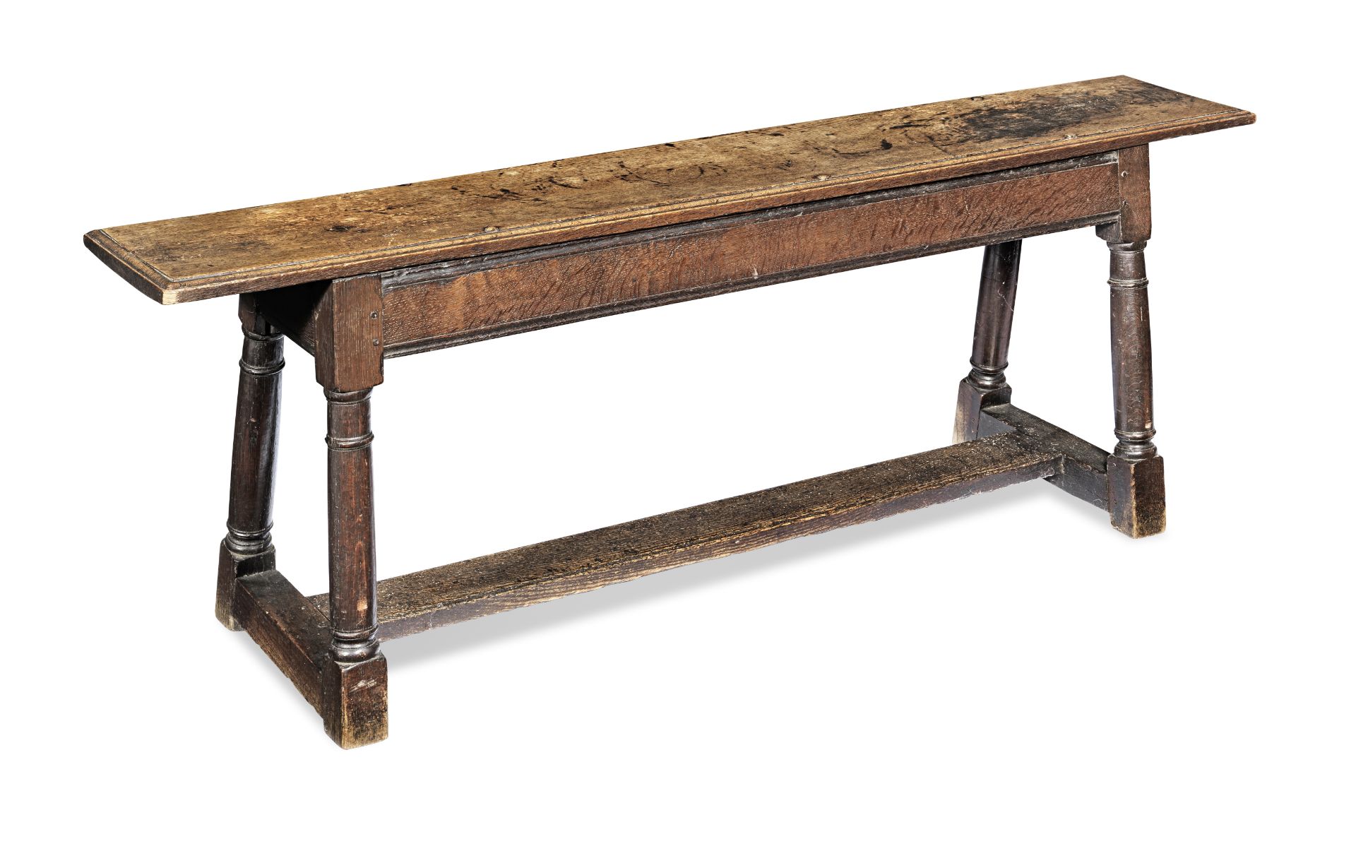 A joined oak long bench or form, English Circa 1640 and later