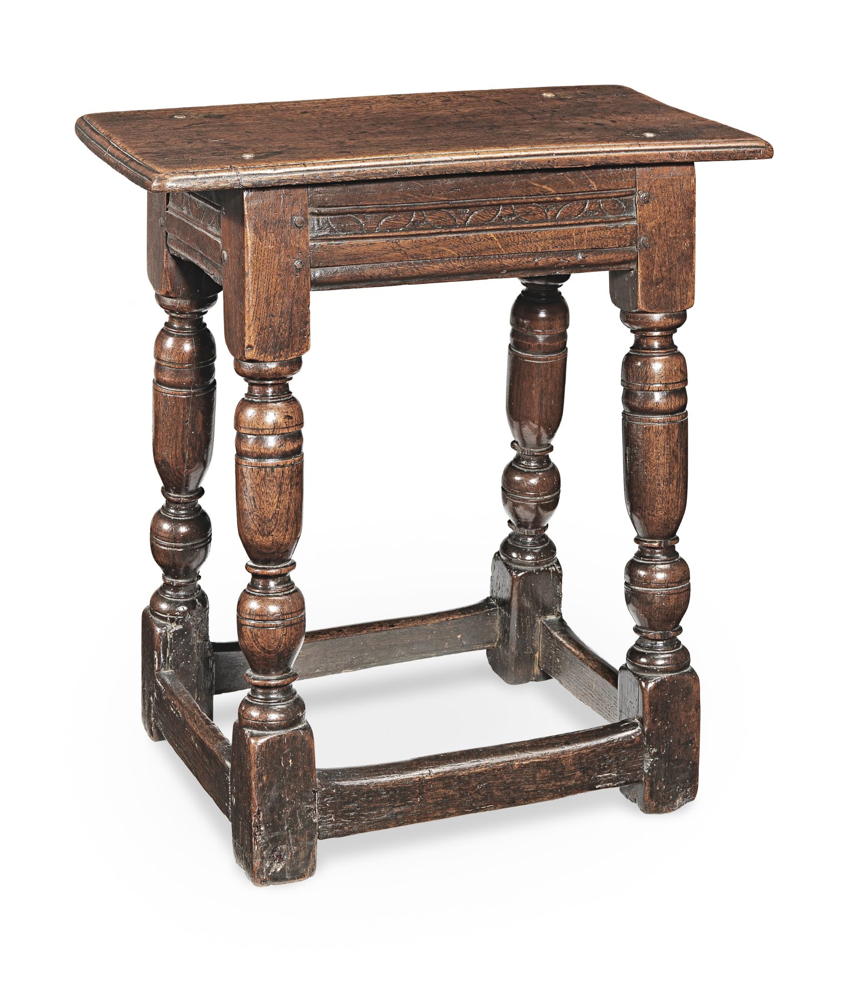 A Charles I oak and elm joint stool, circa 1630
